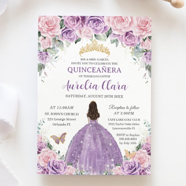 Convites Quinceañera Soft Purple Lilac Pink Princesa Floral (Criador carregado)