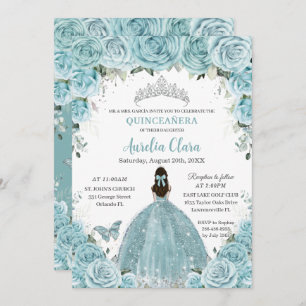 Convites Quinceañera Soft Turquoise Floral Silver Crown
