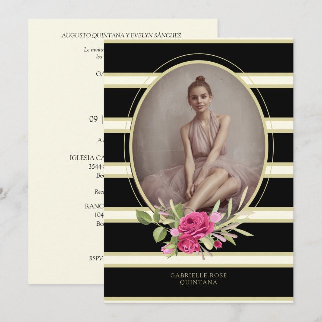Convites Quinceañera Sophisticated Floral Garland Photo (Frente/Verso)