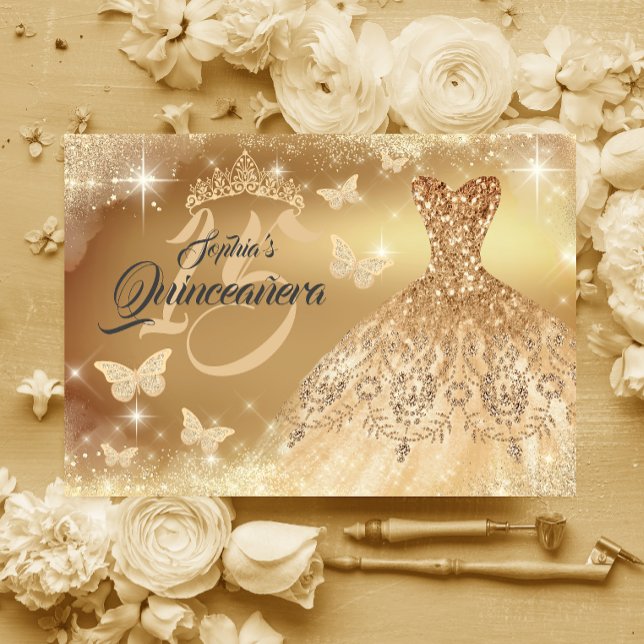 Convites Quinceanera Sparkle Dourado (Criador carregado)