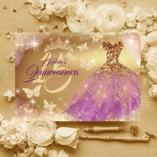 Convites Quinceanera Sparkle Dourado Vestido Puro