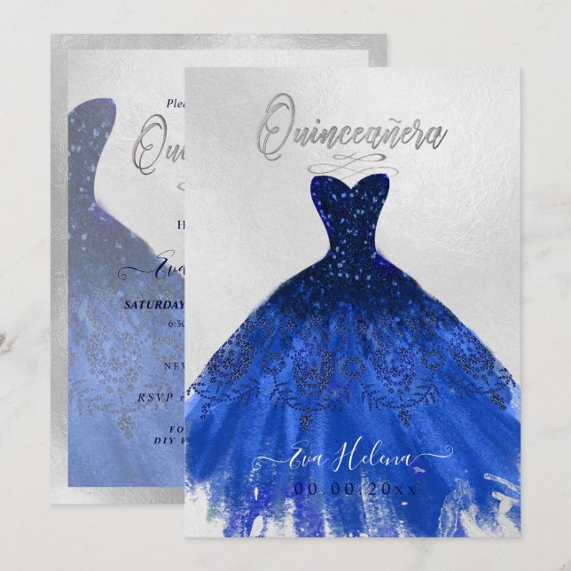 Convites Quinceañera, Sparkle Gown, Marinho Azul (Frente/Verso)