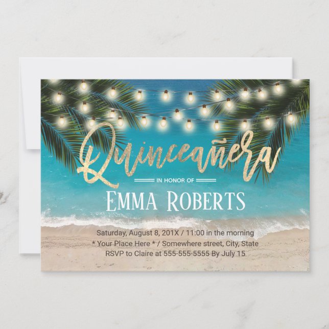 Convites Quinceanera String Ilumina Praia Tropical Aniversá (Frente)