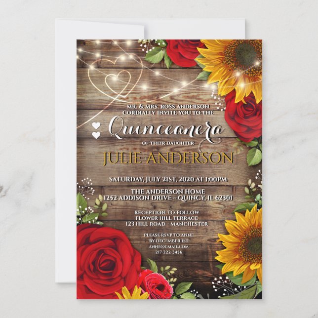 Convites Quinceanera Sunflower e Rosa Rustic (Frente)