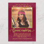 Convites Quinceanera Sweet 15 Birthday Burgundy Gold Photo<br><div class="desc">These pretty Quinceañera party invitations feature your daughter's photo, along with lots of beautiful red and gold faux glitter details. The background is burgundy with glittery highlights, and your daughter's square photo has a golden faux sparkly frame. The word "Quinceañera" is written in elegant gold typography. Use the easy templates...</div>