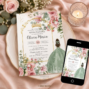Convites Quinceañera Sweet 16 Bege Floral Verde Salvia