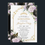Convites Quinceañera Sweet 16 Black Lilac Floral Padrinos<br><div class="desc">Adicione um toque de elegância à sua ocasião especial com nossos luxuosos rosas florais preto e roxo, com uma coroa de princesa de ouro, borboleta delicada, um quadro de arco de ouro e sofisticados sotaques de ouro. Adicione os detalhes do convite na frente do convite e os seus Padrinos e...</div>