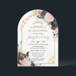 Convites Quinceañera Sweet 16 Black Pink Arch Floral Dourad<br><div class="desc">Adicione um toque de elegância à sua ocasião especial com nossas luxuosas rosas brancas e pretas, luxuosas, pretas e cor-de-rosa, com uma coroa de princesa dourada, uma borboleta delicada, um quadro de arco dourado e sofisticados sotaques de ouro. Ideal para quinceañeras, Sweet 16, 18 aniversários, bolas de debutante e outras...</div>