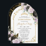 Convites Quinceañera Sweet 16 Black Purple Floral Dourado A<br><div class="desc">Adicione um toque de elegância à sua ocasião especial com os nossos luxuosos rosas preto e roxo de lado duplo, convites de arco floral, com uma coroa de princesa dourada, uma borboleta delicada, uma armação de arco dourado e sotaques de ouro refinados. Ideal para quinceañeras, Sweet 16, 18 aniversários, bolas...</div>