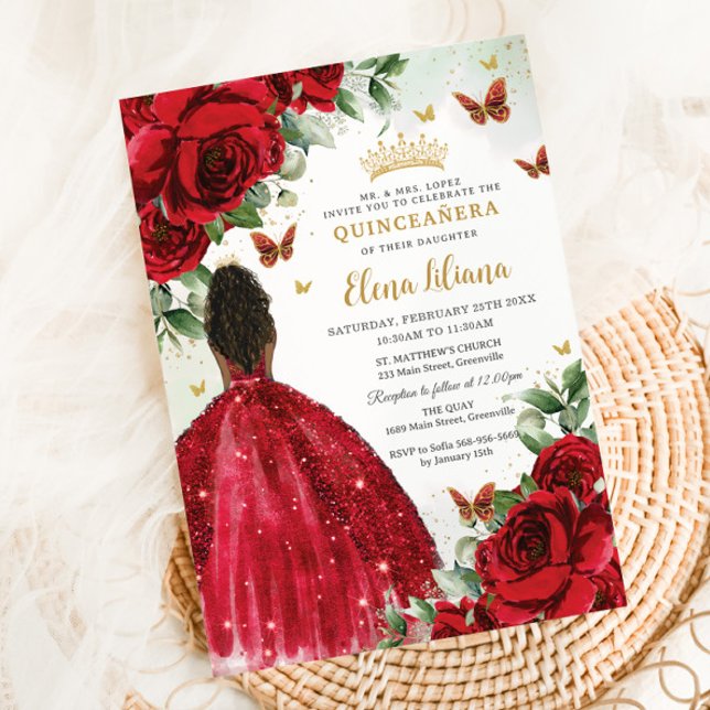 Convites Quinceañera Sweet 16 Flores De Rosas vermelhas Bro (bright-vibrant-red-roses-floral-flowers-african-brown-black-princess-dress-gown-quinceanera-invites)