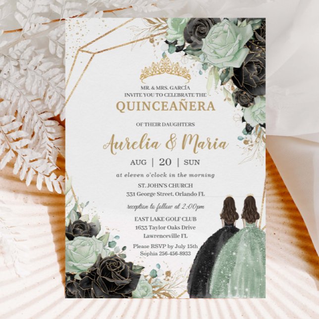 Convites Quinceañera Sweet 16 Sage Green Black Twins (Criador carregado)