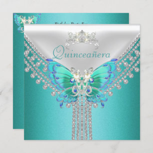 Convites Quinceañera Teal Blue Borboleta Branca Diamond