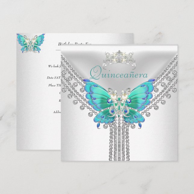 Convites Quinceañera Teal Blue Borboleta Branca Diamond 2 (Frente/Verso)