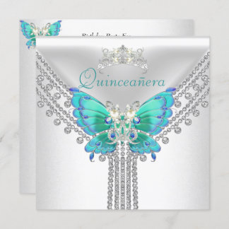 Convites Quinceañera Teal Blue Borboleta Branca Diamond 2