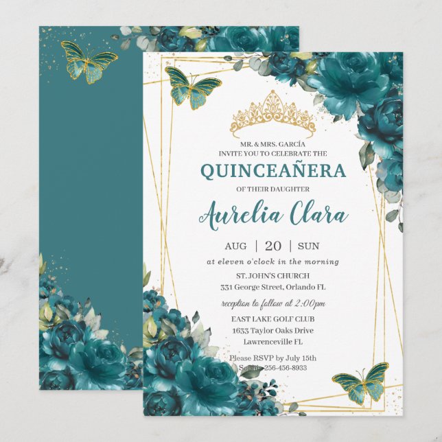 Convites Quinceañera Teal Blue Borboletas Florais Verdes (Frente/Verso)