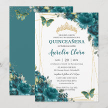 Quinceañera Teal Blue Borboletas Florais Verdes