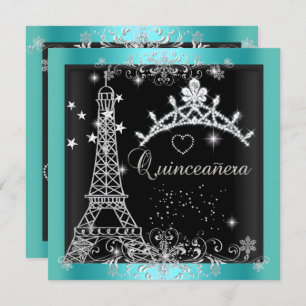 Convites Quinceanera Teal Blue Glitter Tiara Eiffel Torre