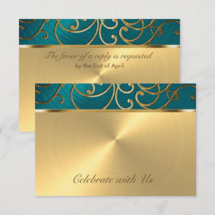 Convites Quinceanera Teal Blue Green e Dourado Filigre