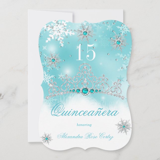 Convites Quinceanera Teal Blue Pearl Snowflake 15 Aniversár (Frente)