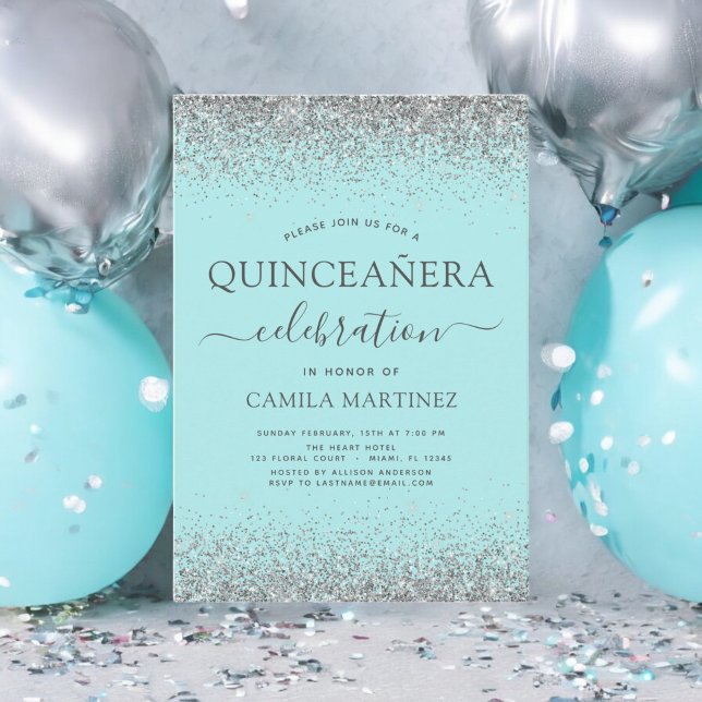 Convites Quinceanera Teal Blue Silver Glitter Sparkle (Criador carregado)