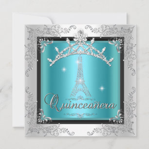 Convites Quinceanera Teal Blue Silver Tiara Eiffel Torre