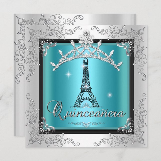 Convites Quinceanera Teal Blue Silver Tiara Eiffel Torre (Frente/Verso)