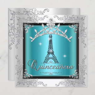 Convites Quinceanera Teal Blue Silver Tiara Eiffel Torre