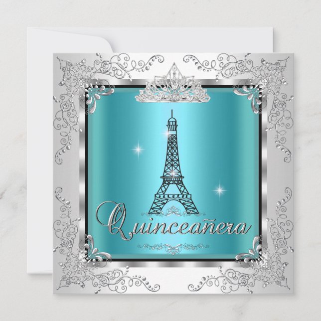 Convites Quinceanera Teal Blue Silver Tiara Eiffel Torre 2 (Frente)
