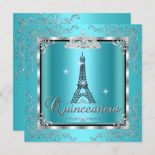Convites Quinceanera Teal Blue Silver Tiara Eiffel Torre 3