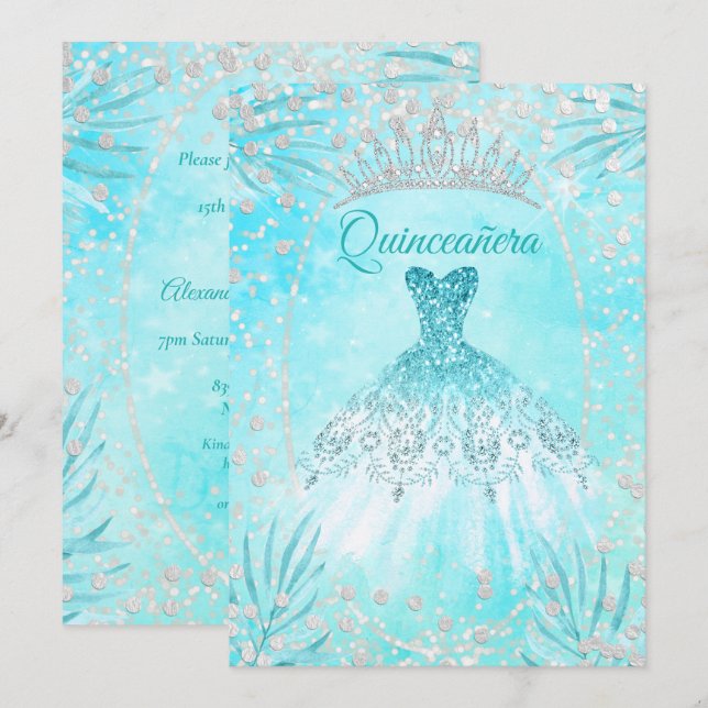 Convites Quinceanera Teal Blue Tiara Vestir inverno Anivers (Frente/Verso)