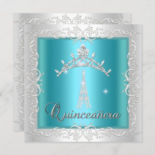 Convites Quinceanera Teal Blue Torre Tiara Eiffel Branco