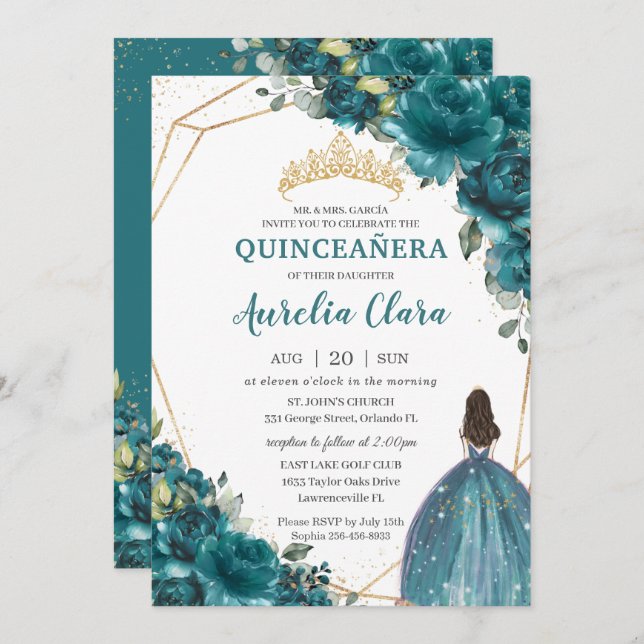 Convites Quinceañera Teal Blue Verde Princesa Floral (Frente/Verso)