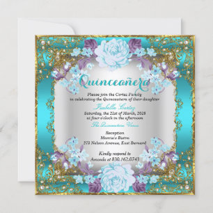 Convites Quinceanera Teal Blue Vintage Country Floral Doura