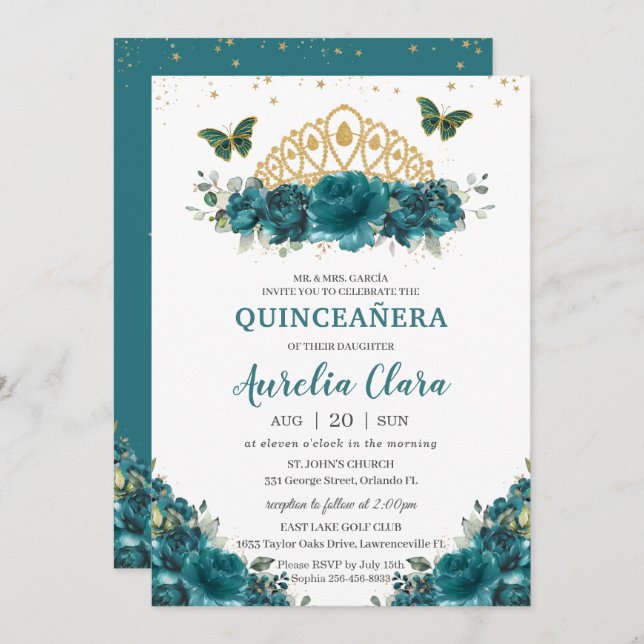Convites Quinceañera Teal Cyan Floral Butterflies Crown (Frente/Verso)