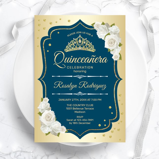Convites Quinceanera Teal Dourada Elegante (Criador carregado)