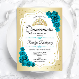 Convites Quinceanera Teal Dourada Elegante Branco