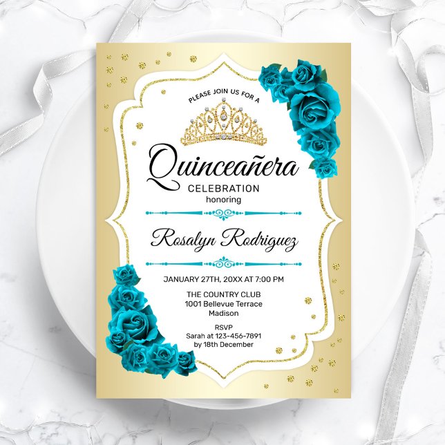 Convites Quinceanera Teal Dourada Elegante Branco (Criador carregado)