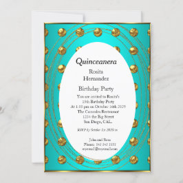 Convites Quinceanera Teal, Dourada, Festa de aniversário