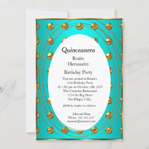 Convites Quinceanera Teal, Dourada, Festa de aniversário