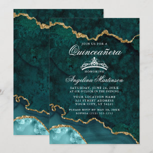 Convites Quinceanera Teal Dourado Marble Agate Geode