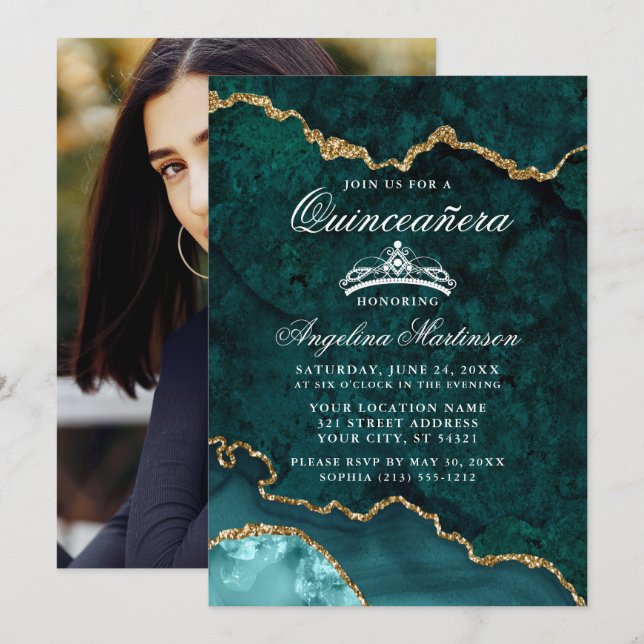 Convites Quinceanera Teal Dourado Marble Agate Geode Foto (Frente/Verso)