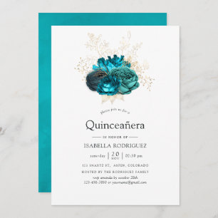 Convites Quinceañera Teal e Dourada Floral