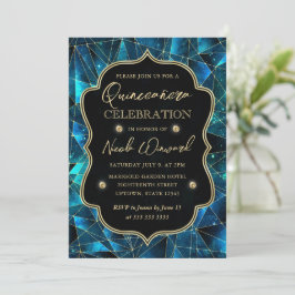 Convites Quinceanera Teal e Dourada Galáxia Cristal Midnigh