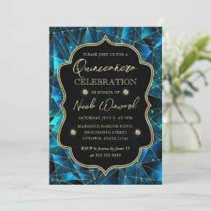 Convites Quinceanera Teal e Dourada Galáxia Cristal Midnigh