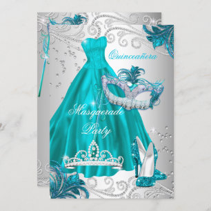 Convites Quinceanera Teal Máscara Prateada Mascarada Azul