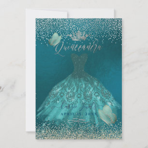 Convites Quinceanera Teal Ombre Borboletas Princesa Gown