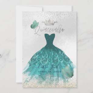 Convites Quinceanera Teal Ombre Borboletas Princesa Gown