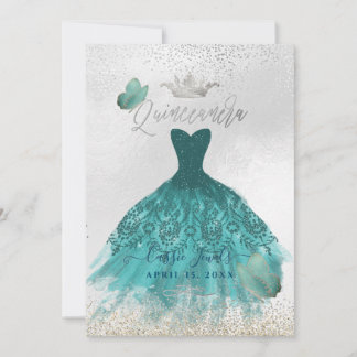 Convites Quinceanera Teal Ombre Borboletas Princesa Gown