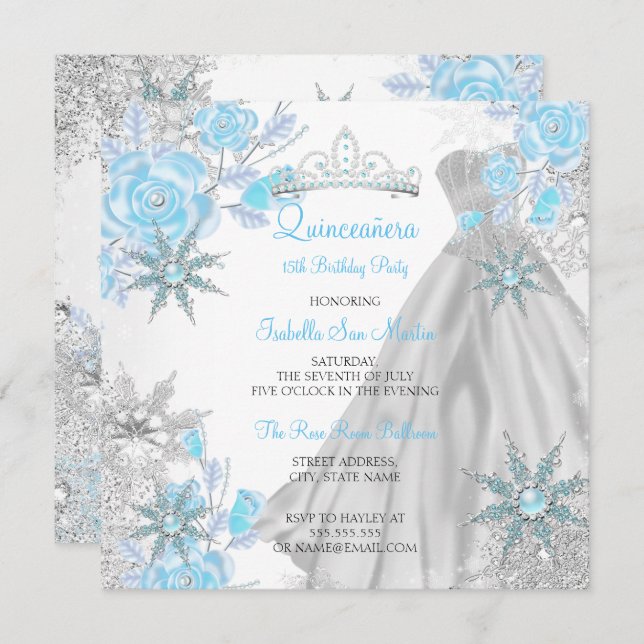 Convites Quinceanera Teal Rosa Winter Wonderland Snowflake (Frente/Verso)