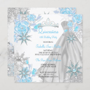 Convites Quinceanera Teal Rosa Winter Wonderland Snowflake